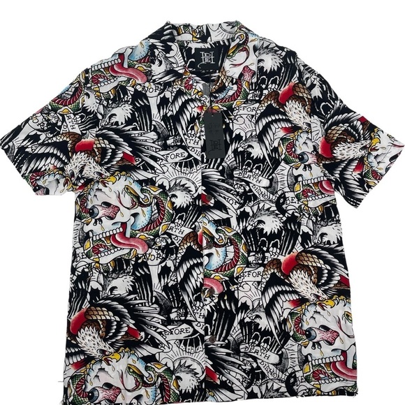 ED HARDY Men’s Size Medium tattoo button front Camp shirt Skull Snake Eagle NWT - Picture 1 of 10